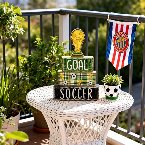 DIYDEC 4Pcs Soccer Tabletop Decorations Wooden Trophy Block Signs Gift Rustic Football Tiered Tray Decor Soccer Centerpiece World Cup Table Sign for Home Office Tabletop Fireplace Party Decor - style: Soccer Trophy