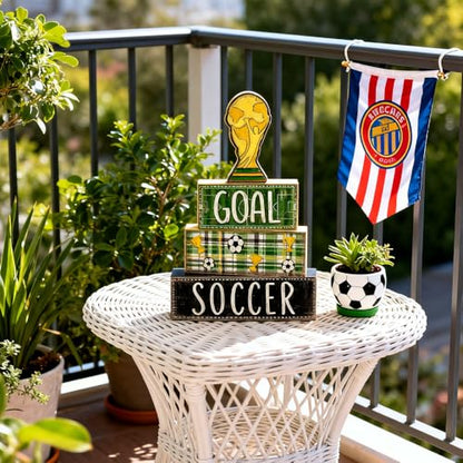 DIYDEC 4Pcs Soccer Tabletop Decorations Wooden Trophy Block Signs Gift Rustic Football Tiered Tray Decor Soccer Centerpiece World Cup Table Sign for Home Office Tabletop Fireplace Party Decor - style: Soccer Trophy