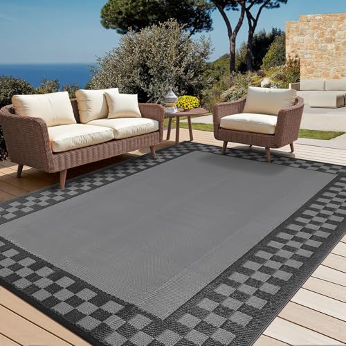 9x18 Modern Checkered Outdoor Rugs Waterproof Patio Rugs Indoor Outdoor Bordered Reversible Mat Foldable Lightweight Plastic Straw Carpet for Deck, Picnic, Porch, Camper, Balcony, Beach, Grey - color: Checkered-charcoal Gray & Black, size: 9' x 18' (Recta