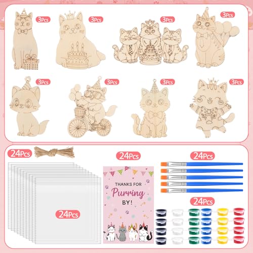 Saypacck 24 Pcs Cat Party Favors Wooden Painting Craft Kits Birthday Party Supplies with Organza Bag for Goodie Bags Fillers Adult Thank You Gifts - style: Cat