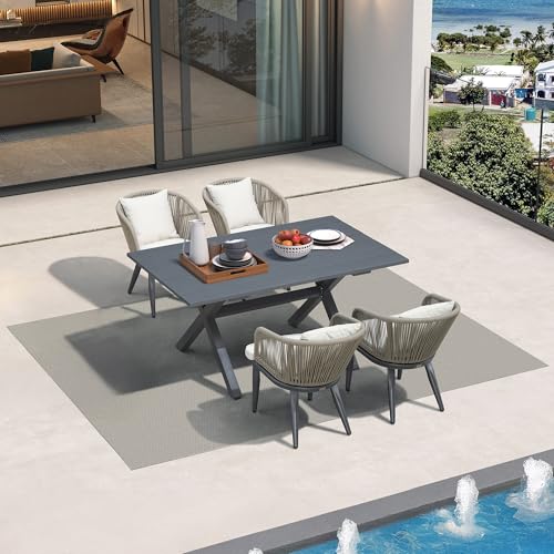 PURPLE LEAF 5 Pieces Patio Dining Set Wicker Outdoor Furniture Rectangular Table and Chairs Set for Garden Deck Aluminum Frame Backyard Kitchen Set, Cushions and Pillows Included Taupe - color: Taupe, size: 5 Pcs, style: Rectangular