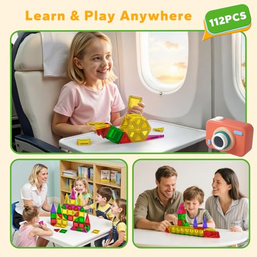 112PCS Mini Magnetic Tiles for Kids, Magnetic Tiles Travel Set with Iron Box, Portable Construction Toys STEM Educational Building Set for Kids Ages 4-8 Toddlers, Boys & Girls Birthday New Year Gift - style: 112 PCS