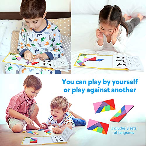 Vanmor Travel Tangram Puzzle - 3 Sets of Magnetic Tangram with 240 Solution - Montessori Shape Pattern Blocks Jigsaw Road Trip Games IQ Book Educational Toy Brain Teaser Gift for Kids Adults Challenge - style: 240 Solution