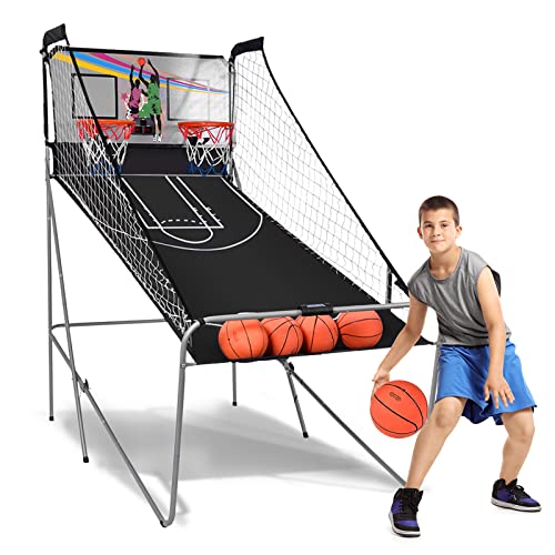Goplus Foldable Dual Shot Basketball Arcade Game, Basketball Hoop Game w/Electronic Scoring, 8 Game Modes, 4 Balls, Indoor Outdoor Electronic Basketball Game Machine for Kids Adults (Black) - color: Black