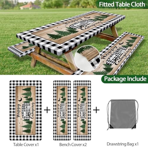 3PCS Picnic Table Cover with Bench Covers Elastic Edges, Farm Plaid Camping RV Waterproof Windproof Tablecloth with Drawstring Bag, Outdoor Patio Camping Essentials, 60in, Black White - color: Camping, size: 30X60inch
