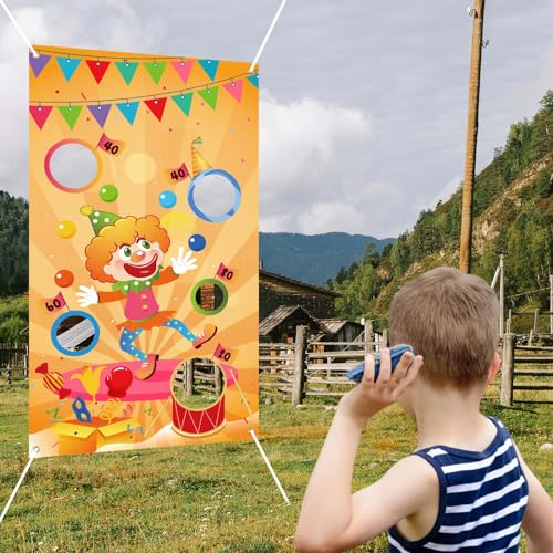 Carnival Throwing Game Clown Banner, Toss Game Banner with 5 Holes for Parties, Indoor Outdoor Events, Carnival Games Circus Party Events Decorations and Supplies