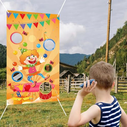 Carnival Throwing Game Clown Banner, Toss Game Banner with 5 Holes for Parties, Indoor Outdoor Events, Carnival Games Circus Party Events Decorations and Supplies