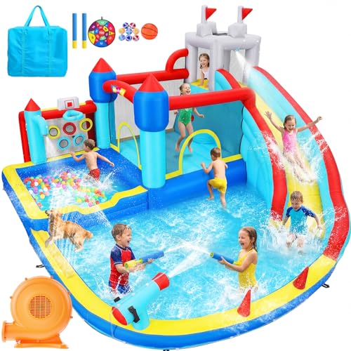 Whubefy 15x14.5ft Bounce House Water Slide Park, 13in1 Huge Blow up Waterslides Inflatable for Kids Backyard w/750W Blower, Pool, Soccer Goal, 5-hole Target Toss Game, Dart Board for Big Kids 8-12 3-6