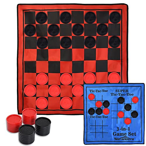Win SPORTS 3 in 1 Giant Checkers Game Set,Super Tic Tac Toe,Including Reversible Rug with 24 Checkers,Indoor and Outdoor Activity for Kids or Adults,Board Game,Yard Game - style: Summer