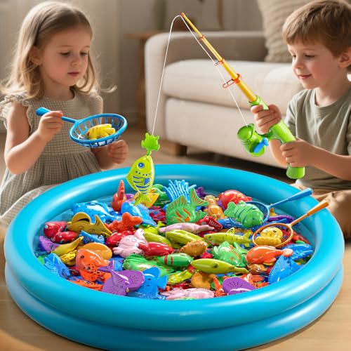 60 Pcs Magnetic Fishing Pool Toys Game for Kids Toddlers, Fishing Water Table Bathtub Toy with Inflatable Pool Pole Rod Net Bucket Plastic Floating Fish, Water Bath Pool Outdoor Toy for Kids Age 3 4 5 - style: 2 rods 2 nets 2 buckets 51 fish