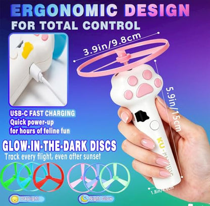 Cat Fetch Toy Automatic Disc Launcher 6 Discs USB-C White | Automatic launcher with 6 discs (3 Glow-in-Dark). 30m range. USB-C rechargeable 1200mAh battery. Interactive toy for cats.