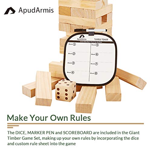 ApudArmis Giant Tumble Tower Stack to Over 5Ft, 56 PCS Pine Wooden Stacking Timber Game with 1 Dice Set - Classic Block Giant Outdoor Game (7.48 * 2.48 * 1.5In Each Block) - color: Burlywood, size: XL-Over 5FT