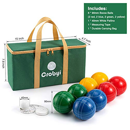 Crobyi Bocce Balls Set, 90mm Regulation Size and Weight, Durable Beach/Yard/Lawn Game for Adults. Including 8 Bocce Balls, Pallino, Measuring Rope and Carrying Bag.