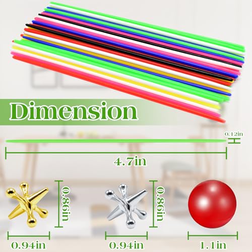 ZeeDix Jacks Game and Pick Up Sticks, 60 Pcs Sticks and 20 Pcs Metal Jax with 2 Pcs Red Rubber Balls, Gold and Silver Metal Jacks, Classic Fun Game Gift of Jacks for Family - style: 2 Set