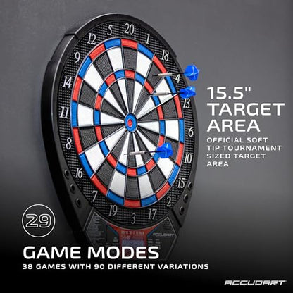Accudart Rogue Electronic Dartboard – 15.5” Tournament Soft Tip Board, 29 Games/90 Variations, Virtual Opponent, Heckler Mode, Multi‑Color Backlit Display – Includes Built‑in Dart Holders & Darts