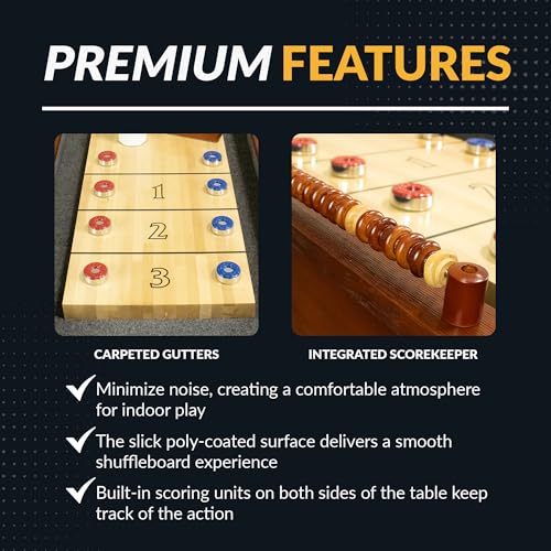 Hathaway Cheyenne 12 Ft Shuffleboard Table for Family Arcade Game Room - with Poly-Coated Playfield, Built-in Scorer & Cabinet, Climate Adjusters, Leg Levelers, 8 Pucks, Brush & Wax – Rustic Oak