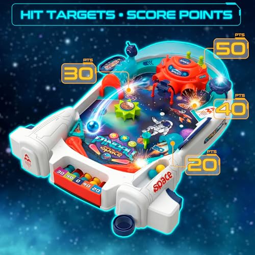 Space Pinball Machine — Tabletop Arcade Game with Obstacles, Pull-Rod Launcher, Flippers, UFO Targets & Astronaut Theme, 1-2 Player Mini Pinball for Kids - style: Space Pinball
