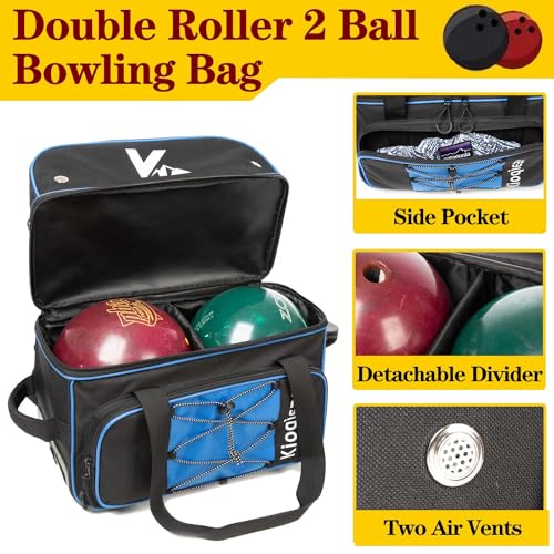 Double Roller 2 Ball Bowling Bag with Large Separate Shoe Compartment and Oversized Accessory Pocket, 36" Extendable Handle. - color: BLUE