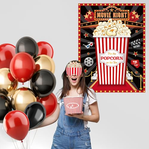 Faccito Movie Night Party Pin The Popcorn on The Box Large Poster with 24 Popcorn Stickers Blindfold Carnival Set for Movie Theater Carnival Birthday Party Decoration Activities Supplies - style: Movie