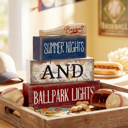 Lineshading 4 Pcs Baseball Decorations Stacked Wooden Blocks Signs with Bat Topper, Summer Nights Ballpark Lights Decor - Baseball Table Decor Ideal Gift for Fans Boys Room Party Coffee Shelf - style: Summer Nights and Ballpark Lights