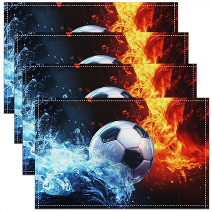 Erosebridal Soccer Placemats Set of 4 12x18 Ice Fire Place Mat for Kids Teens Men Ball Games Lightning Football Sports Blue Red Heat Resisting Table Mats - color: Blue Red