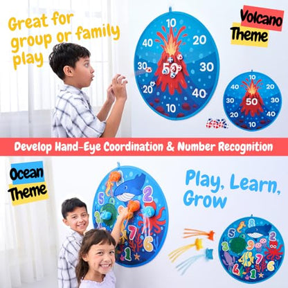 Grip Kids Ocean & Volcano Theme Double-Sided Dartboard Target Game – 26" Large Dart Board with Sticky Balls & Jellyfish Toss Balls, Indoor/Outdoor Fun Party Game Toy for Kids Ages 3–12