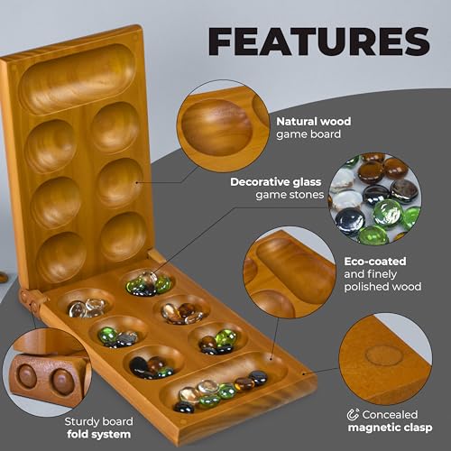 Mancala Board Game for Kids and Adults – Wooden Folding Mancala Set with Magnetic Lock and 56 Stones – Classic Strategy Board Game Travel Size