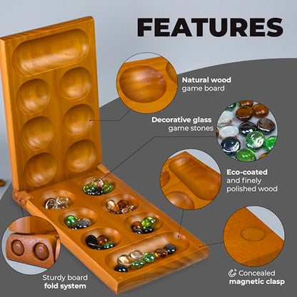 Mancala Board Game for Kids and Adults – Wooden Folding Mancala Set with Magnetic Lock and 56 Stones – Classic Strategy Board Game Travel Size