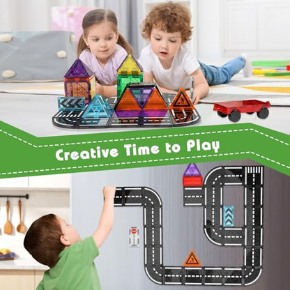 Magnetic Tiles Road Expansion Pack 48 PCS, Magnet Road Tiles for Kids Ages 3-5 4-8 5-7, Expansion Magnetic Building Blocks Educational STEM Creativity Toys 3+ Year Old Boys & Girls Toddlers Kids Gifts