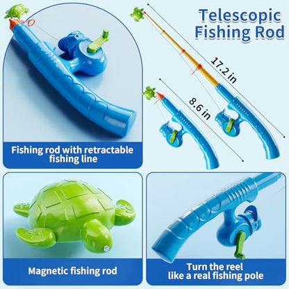 Magnetic Fishing Game Toys for Kids Toddlers 3-5 4-8, Water Table Bathtub Toys with Inflatable Pool Pole Rod Net Floating Fish, Water Bath Pool Outdoor Toys for Boys Girls Age 3 4 5 6 7 8 Year Old - style: 3 rods 3 nets 44 fish