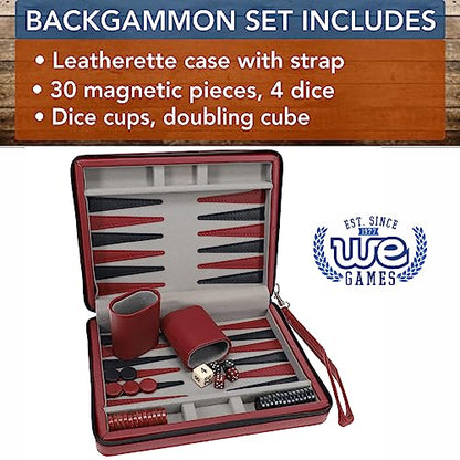 WE Games Backgammon Set, Board Games for Adults - Travel Games - Magnetic with Burgundy Leatherette Backgammon Board and Carrying Strap - Travel Backgammon Sets for Adults - color: Burgundy