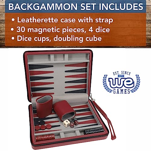 WE Games Backgammon Set, Board Games for Adults - Travel Games - Magnetic with Burgundy Leatherette Backgammon Board and Carrying Strap - Travel Backgammon Sets for Adults - color: Burgundy