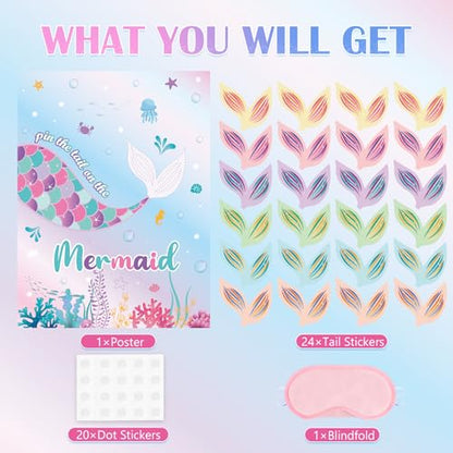 WERNNSAI Pin The Tail on The Mermaid - Mermaid Party Decorations Ocean Party Games for Wall Home Room Birthday Party Favor 21'' x 28'' Poster with 24PCS Tail Stickers - style: Mermaid 002