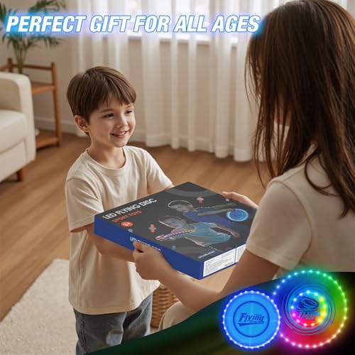 HYES 2 Pack Light up Flying Discs for Kids, Rechargeable Disc with 45 LEDs, 14 Lighting Modes(10")&Built-in Battery Disc(7.8"), Glow in The Dark Ring for Beach/Camping/Outdoor Sport - size: 2PCS: 10in + 7.8in