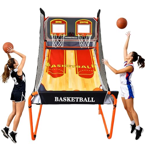 Double Basketball Hoop Arcade Game Set with 5 Balls, Indoor & Outdoor Electronic Scoring Shooting Basketball Machine for Family Entertainment