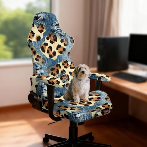 Suobstales Cowboy Leopard Print Gaming Chair Cover with Armrest Covers, Stretch Computer Desk Chair Covers Gamer Chair Slipcovers for Reclining Racing Gaming Chair - color: Cowboy Leopard