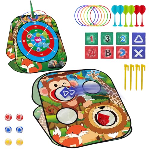 5-in-1 Bean Bag Toss Game for Kids Ages 3-8, Outdoor Cornhole Set with 3 Interchangeable Boards (Toss/Dart/Tic-Tac-Toe), Includes 8 Beanbags 6 Balls/Darts/Rings, Backyard Toys for Boys - style: Animal