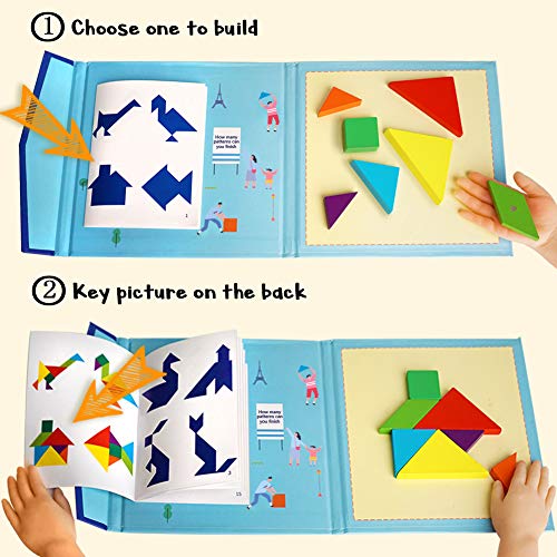 Beestech Wooden Tangram Puzzle Book, Travel Games for Kids in Car, Plane or Take Out for Restaurant, Educational Learning Puzzles Toys, On The Go Toys for Kids, Boys, Girls 3,4,5,6,7,8 Years Old