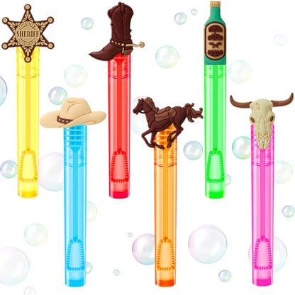 Winrayk Western Cowboy Party Favors, 24Pcs Self-designed Mini Bubble Wands for Kids Bubbles Bulk & Detachable Topper (6 Styles & Colors), Birthday Gift Pinata Filler Goodie Bag Stuffer Classroom Prize - style: Cowboy