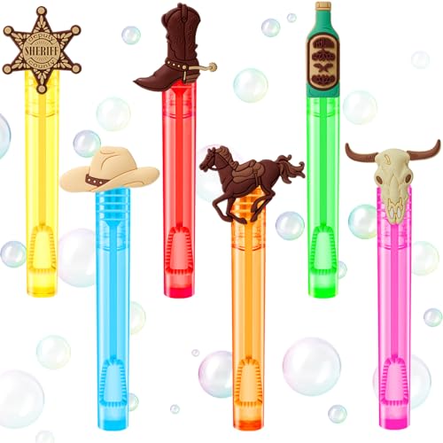 Winrayk Western Cowboy Party Favors, 24Pcs Self-designed Mini Bubble Wands for Kids Bubbles Bulk & Detachable Topper (6 Styles & Colors), Birthday Gift Pinata Filler Goodie Bag Stuffer Classroom Prize - style: Cowboy