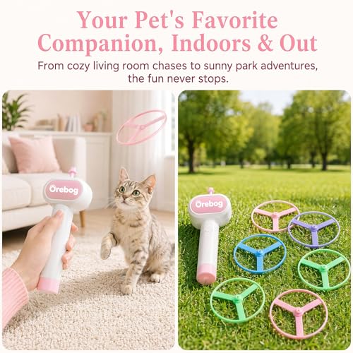Cat Fetch Toy Launcher,Flying Disc Launcher Toy Rechargeable with 6 Flying Discs and 8 Coil Spring Toys,Flying Cat Toy Disc Launcher for Kitten Dog Playing Interactive Hunting Tracking Toys,Pink - color: Pink