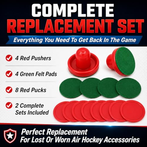 2 Sets Air Hockey Pusher and Puck Replacement Parts 60mm Red Striker Handles with Felt Pads and 51mm Red Round Pucks Air Hockey Table Accessories Plastic Mallet Goal Shooter Kit for Game Tables