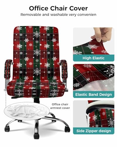 Christmas Red Green Classic Buffalo Plaid Snowflake Pattern Office Chair Cover with Armrest Covers, Universal Stretch Desk Rotating Chair Slipcovers, Removable Seat Protector with Zipper, L - color: Dark Red, size: Large & 2PCS Armrest Covers
