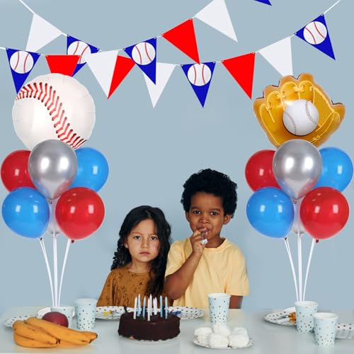 Baseball party Balloons Stand Kit 2 Sets with 2 Baseball Glove Foil Balloons Red Blue Silver Themed Party Balloon Centerpiece for Tables for Men Boys Game Sports Rookie Year 1st Birthday decorations - style: Baseball