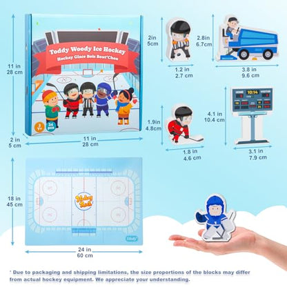 2-in-1 Hockey Board Game & Blocks Playset, Wooden Hockey Figurines with Assembly Rink or Roll and Move Game, Mini Hockey Figures, Winter Sports Toy for Kids, Toddlers & Families