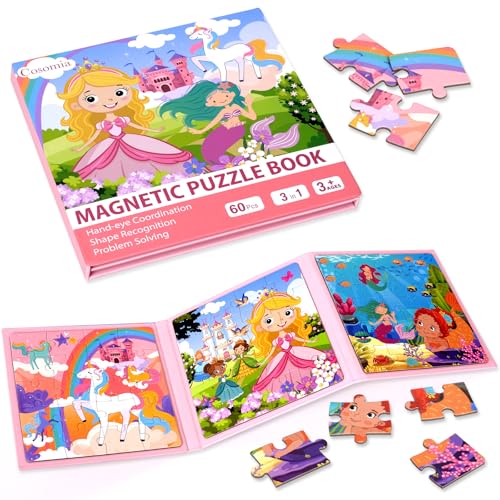 Magnetic Puzzles for Kids 3-5, 3-in-1 Princess Unicorn Mermaid Travel Puzzles for Kids Ages 4-6, Car Airplane Road Trip Activities Toys, Gifts for Girls