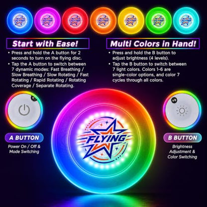Glow in the Dark LED Flying Disc - 7 Dynamic Modes, 7 Colors, IP65 Waterproof, Perfect Birthday & Camping Gift for Men/Teens/ - Outdoor Games, 175g, 14+