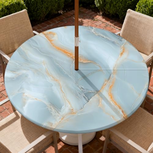 Round Outdoor Tablecloth with Umbrella Hole, Zippered Fitted Tablecloth with Elastic Edge, Waterproof Table Cloth Cover for Picnic Party Fits 37"-44" Round Table, Blue Marble - color: Blue Marble, size: 44" (Round)