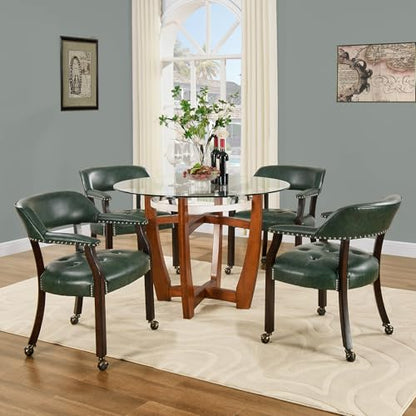Set of 4 Dining Leather Chairs with Casters and Arms, Accent Kitchen Table Chairs with Wheels, Wood Captains Rolling Roller Poker Table Chair, Espresso&Green 1910GN(NO Table!) - color: Espresso&green