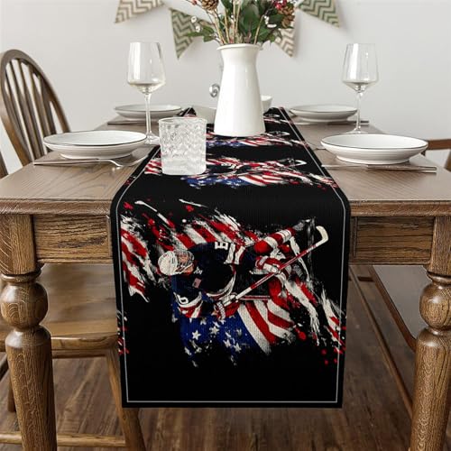 Erosebridal Hockey Player Table Runner for Boys Man,Ice Hockey Ball Games Table Runners 13X72 Inch for Kids Teens,Red Blue American Flag Dresser Runners,Winter Sports Game Rectangular Runner - size: 13" X 72"
